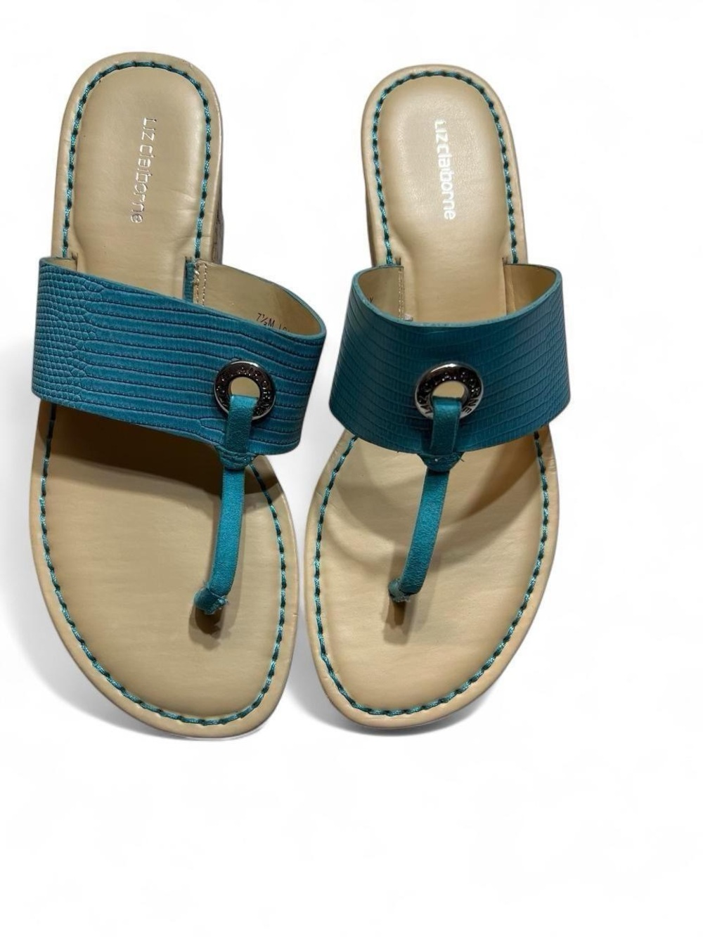 Liz Claiborne Teal Toe-Post Sandals with Metal Ring Accent